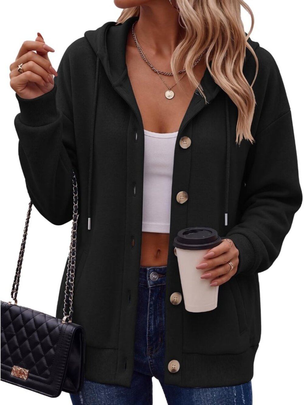 〽️Women's Black Hoodie Sweatshirt Button Pocket Comfy Fleece Fashion Jackets